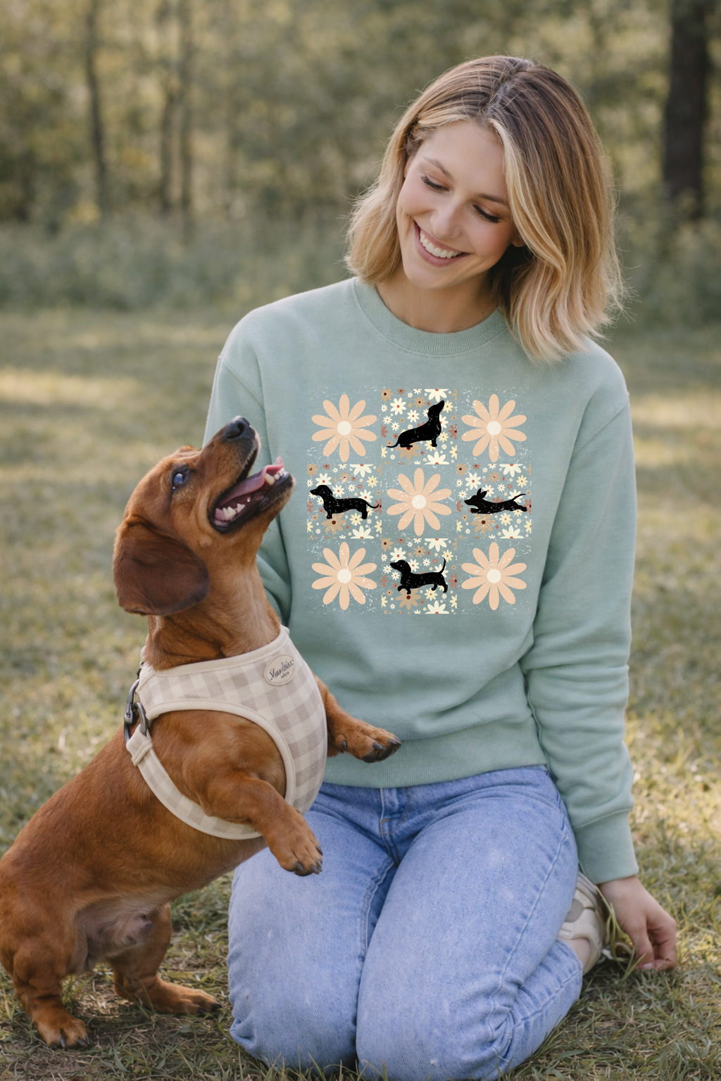 Retro Flowers with Dachshunds Crewneck